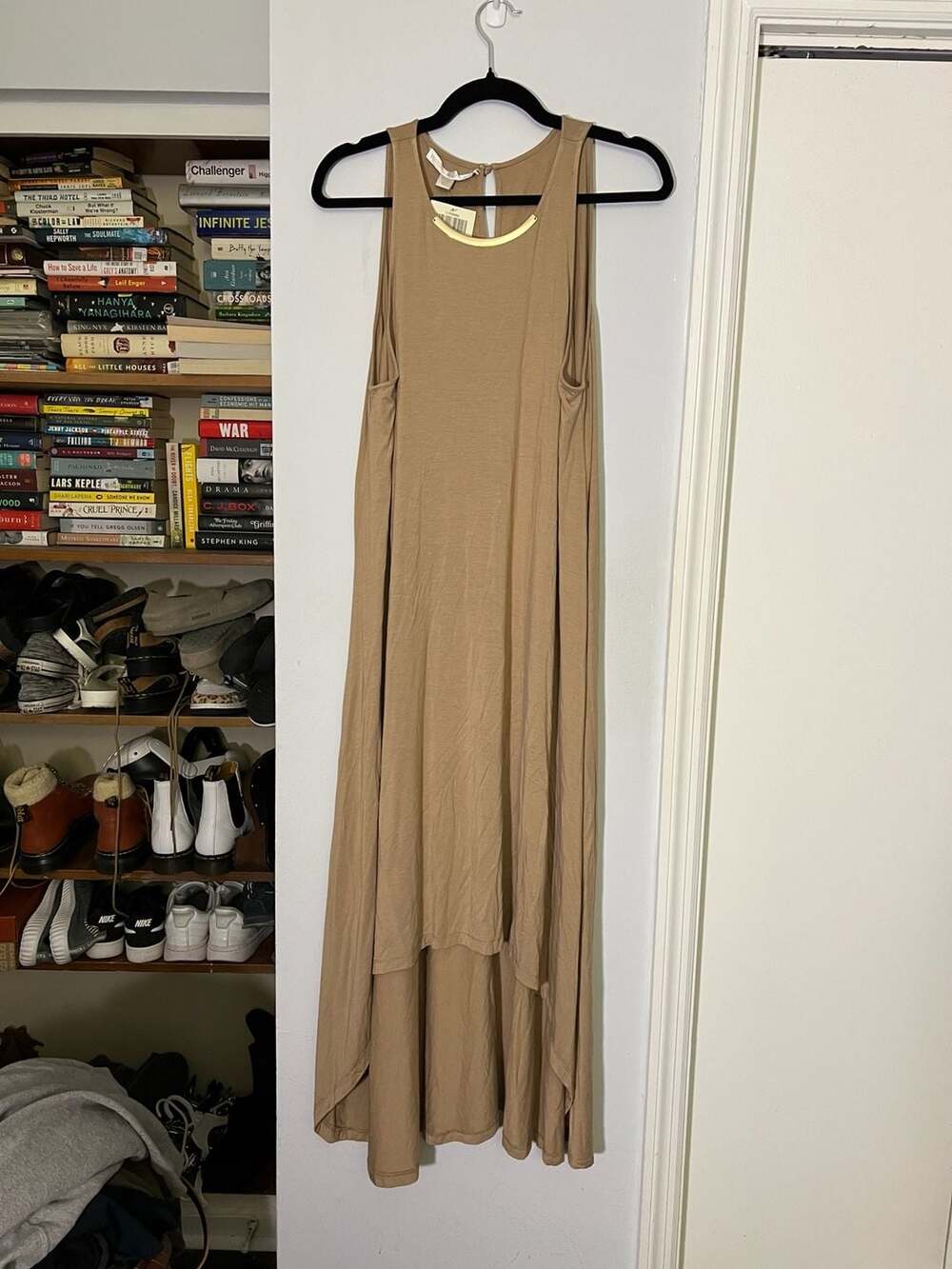 Boston Proper Lattice Beige Necklace Detail Hi/Lo Tank Dress